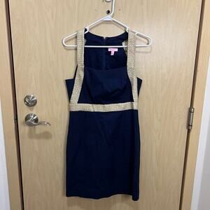 Lilly Pulitzer Eliana True Navy Braided Gold Cocktail Shift Dress